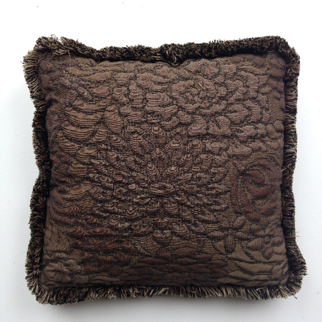 CUSHION, Brown Embroidered Floral w Fringe